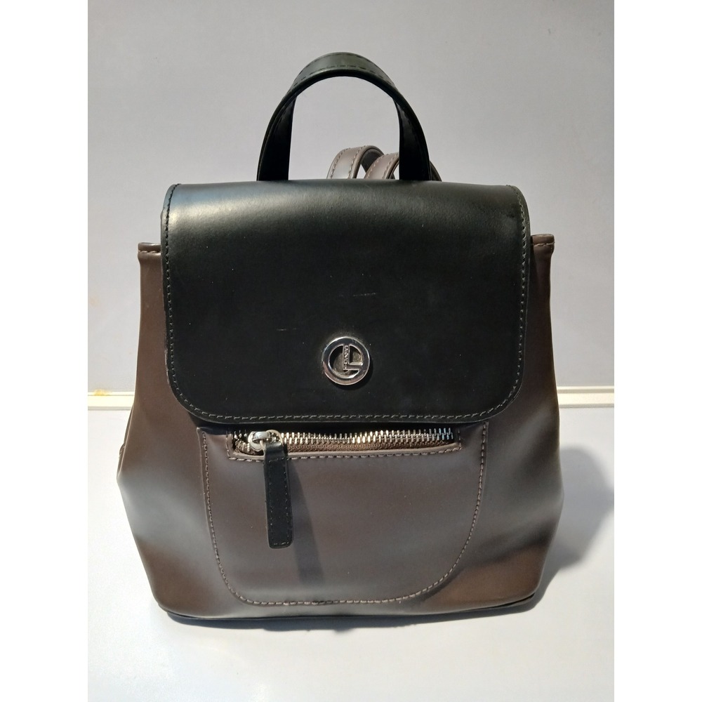 L CREDI Two Tone Leather Mini Backpack Brown Black Flap Zip‎ Pocket